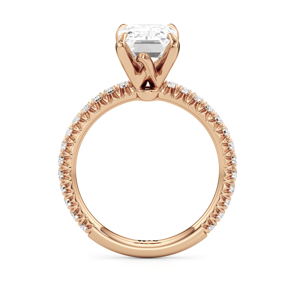 The W Pavé Engagement Ring with Emerald Cut Diamond in 14KT Rose Gold view 2
