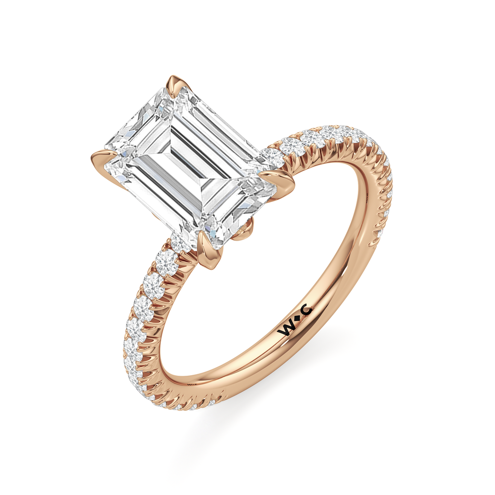 The W Pavé Engagement Ring with Emerald Cut Diamond in 14KT Rose Gold view 3
