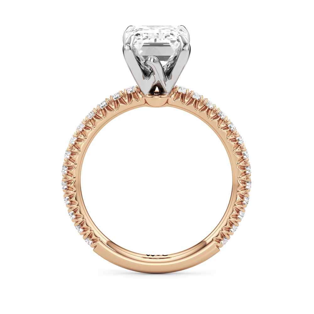 The W Pavé Engagement Ring with Emerald Cut Diamond in 14KT Rose Gold & Platinum view 2
