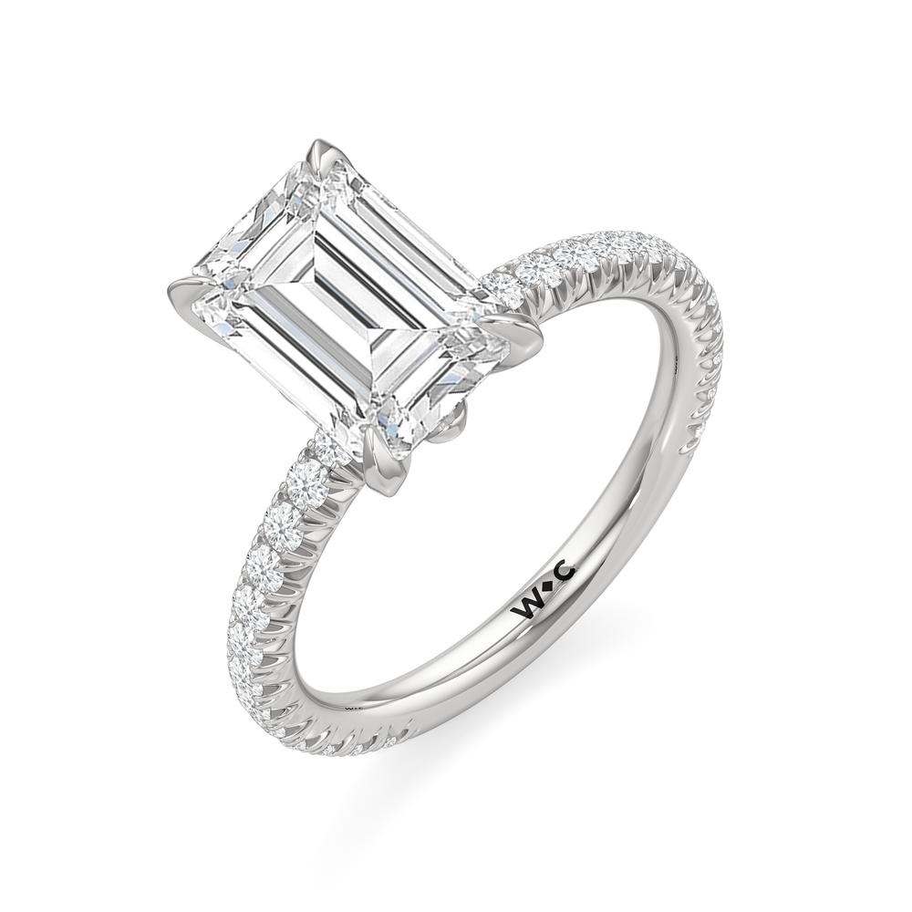 The W Pavé Engagement Ring with Emerald Cut Diamond in 14KT Platinum view 3
