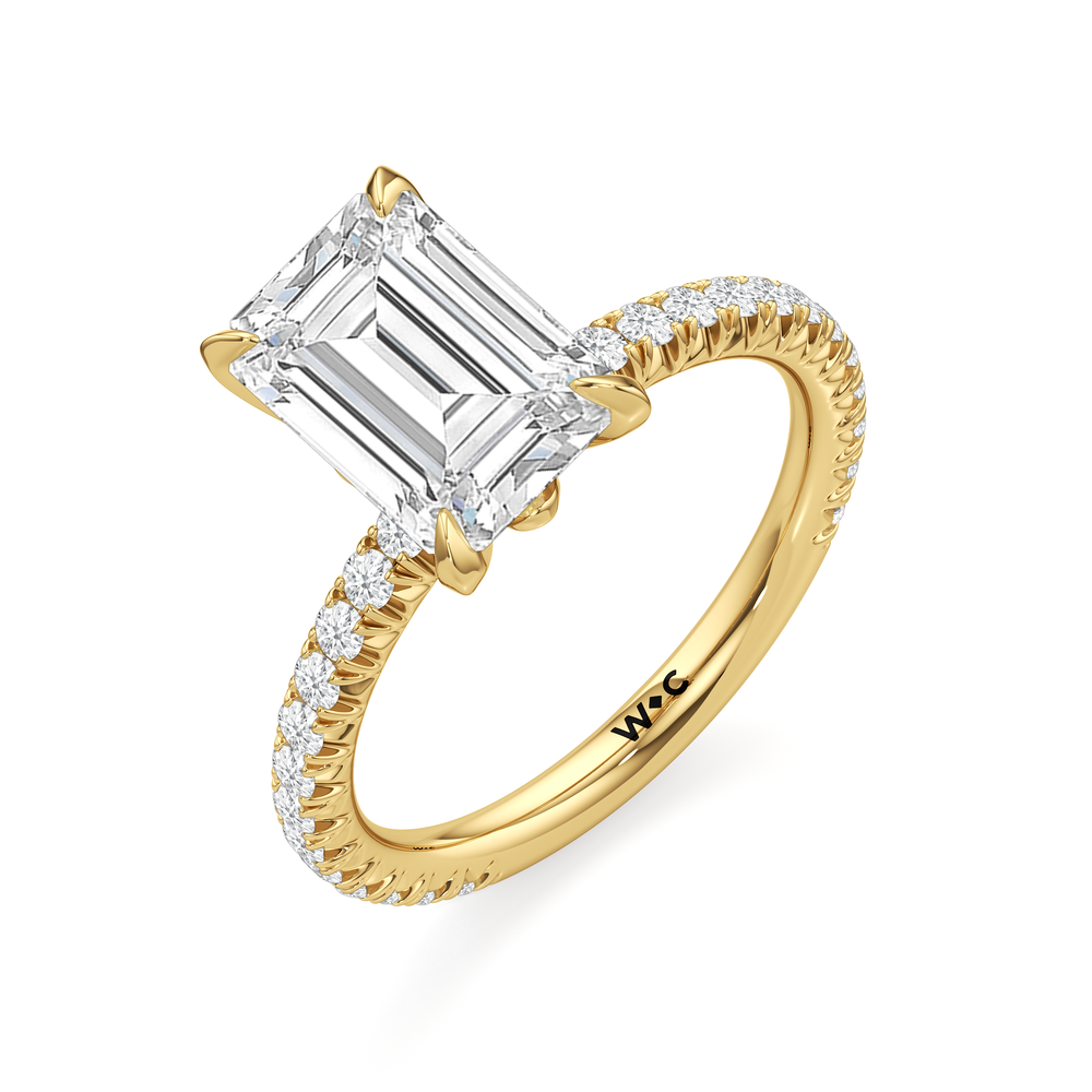 The W Pavé Engagement Ring with Emerald Cut Diamond in 14KT Yellow Gold view 3
