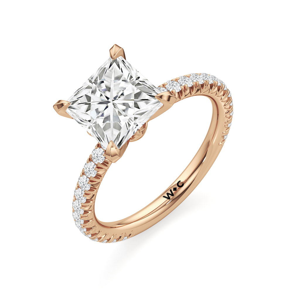 The W Pavé Engagement Ring with Princess Cut Diamond in 14KT Rose Gold view 3
