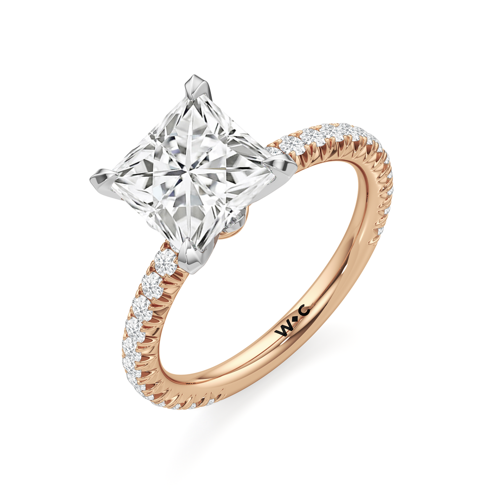The W Pavé Engagement Ring with Princess Cut Diamond in 14KT Rose Gold & Platinum view 3
