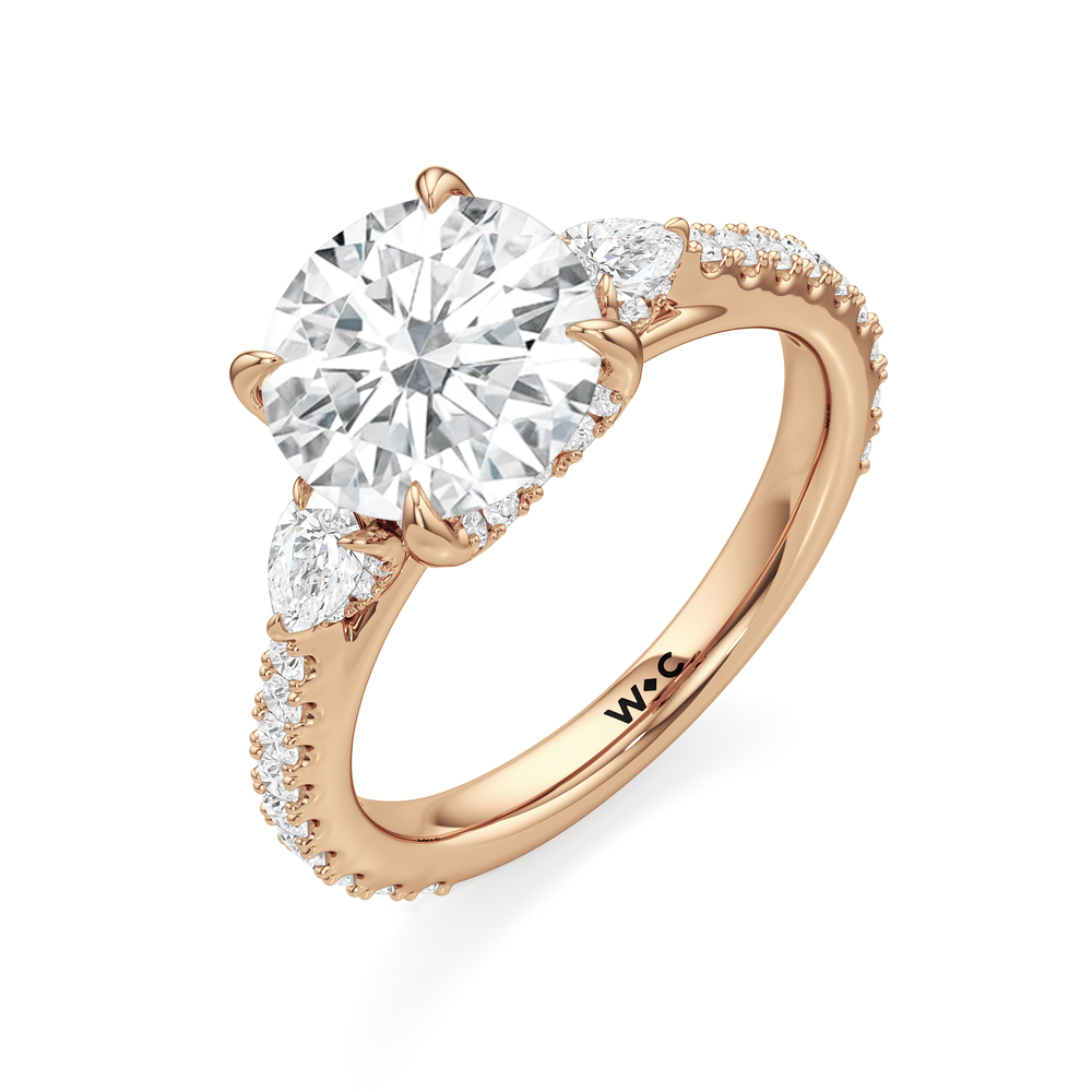 The Cassatt Pear Three Stone Engagement Ring with Round Cut Diamond in 14KT Rose Gold view 6
