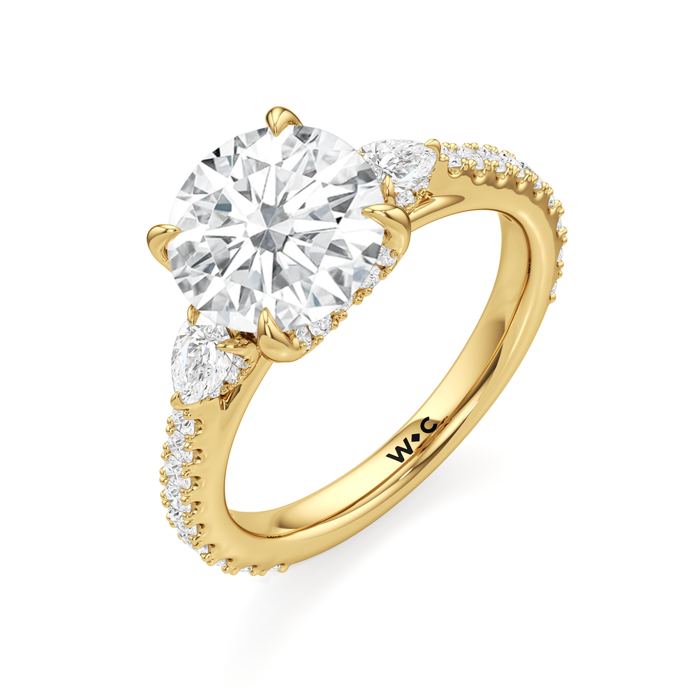 The Cassatt Pear Three Stone Engagement Ring with Round Cut Diamond in 14KT Yellow Gold view 6
