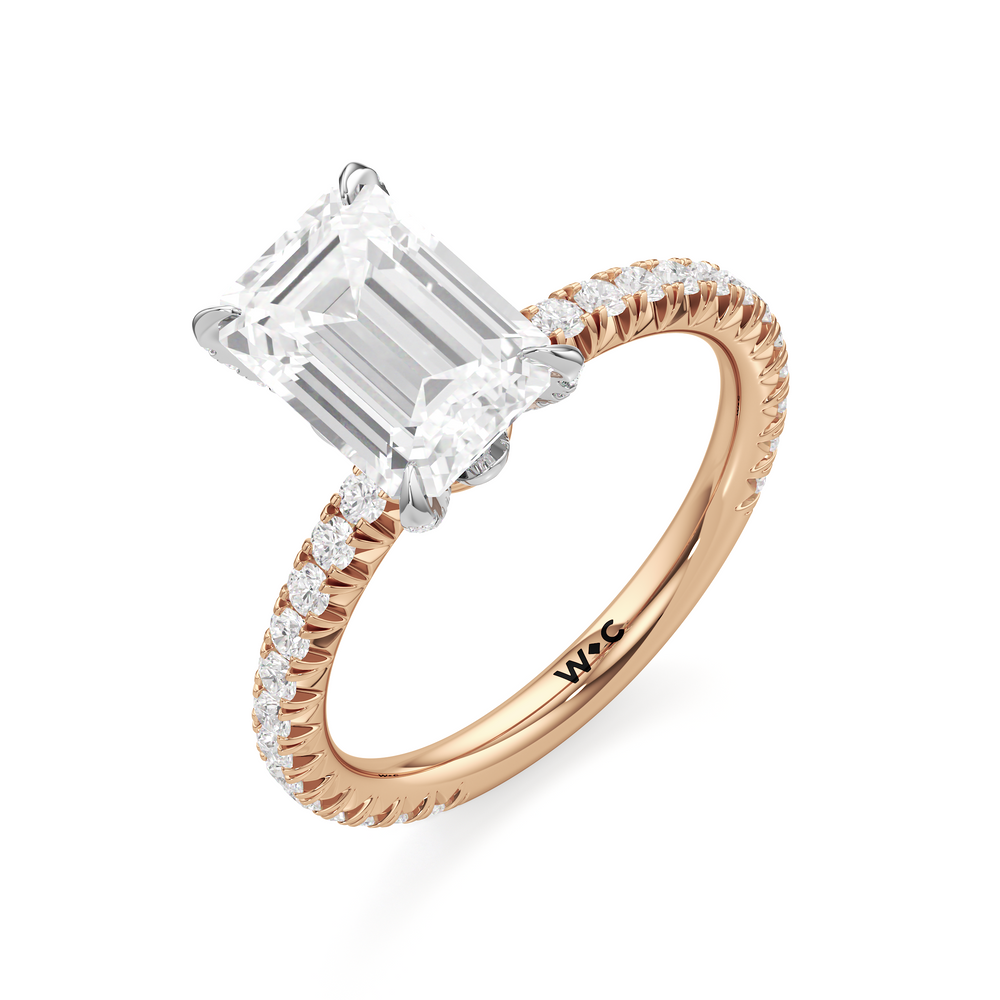 The W Icon Engagement Ring with Emerald Cut Diamond in 14KT Rose Gold & Platinum view 3
