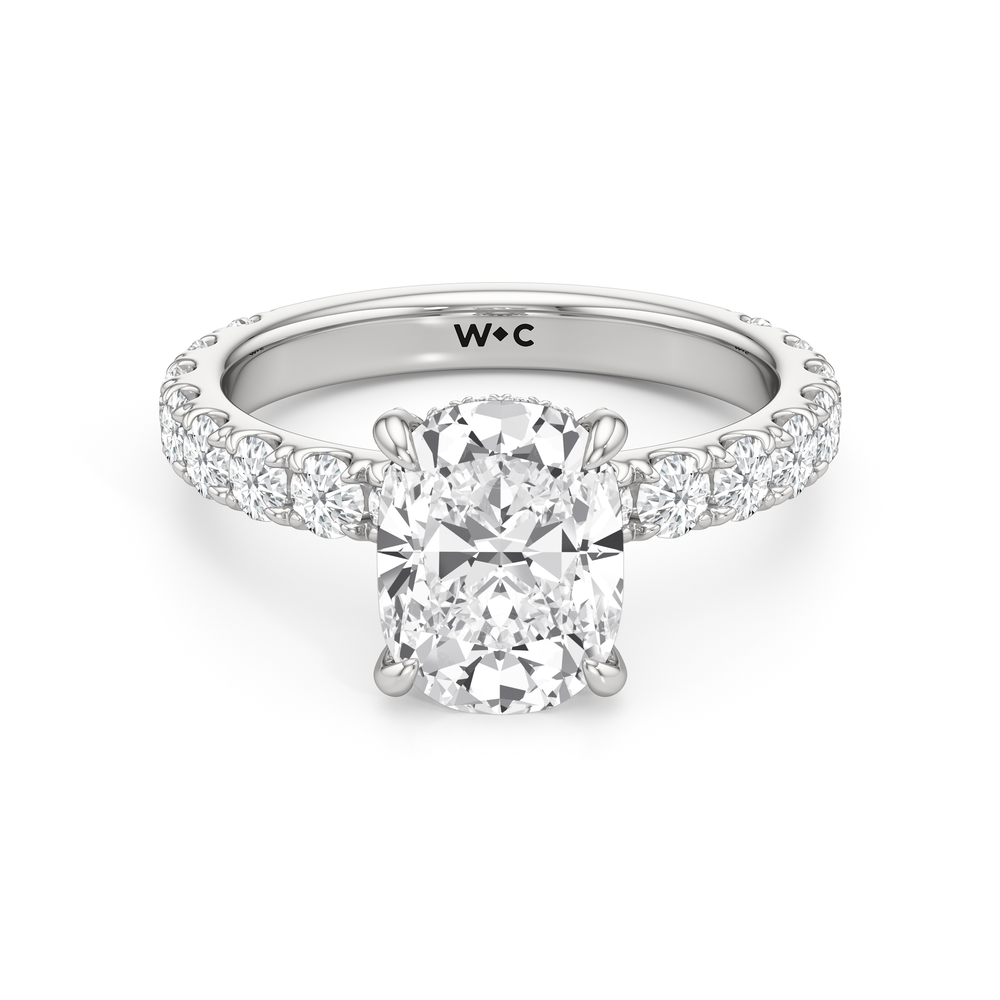 Antique Cushion Cut Elan Hidden Halo Engagement Ring with Lab Grown Diamond in 14KT Platinum view 1
