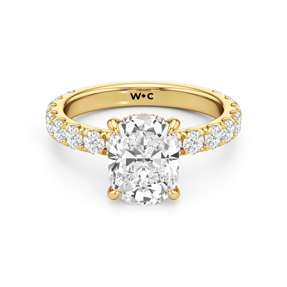 Antique Cushion Cut Elan Hidden Halo Engagement Ring with Lab Grown Diamond in 14KT Yellow Gold view 1
