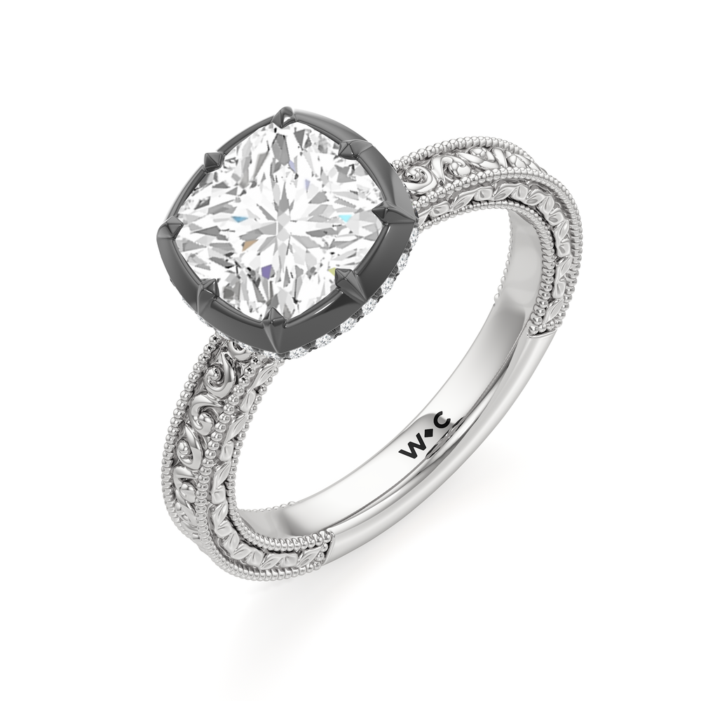 The Aurore Engagement Ring with Cushion Cut Diamond in 14KT White & Black Gold view 3
