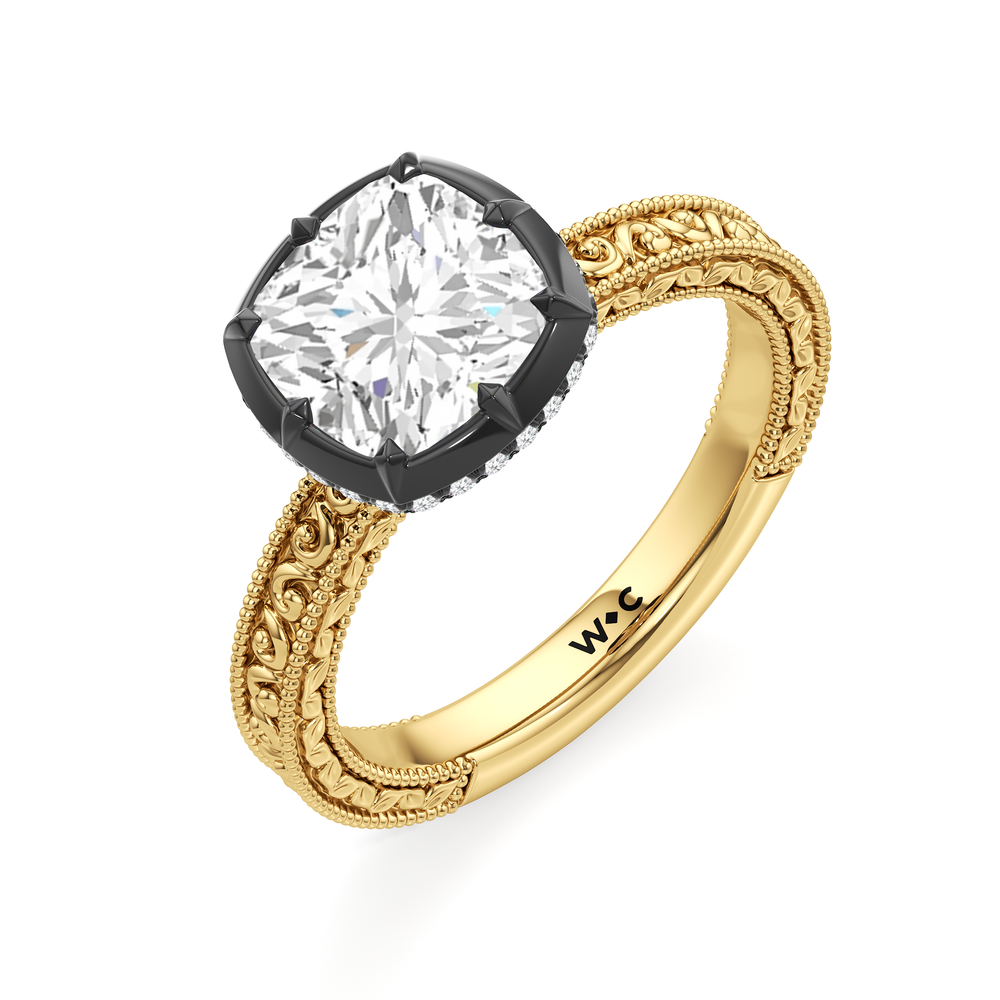 The Aurore Engagement Ring with Cushion Cut Diamond in 14KT Yellow & Black Gold view 3
