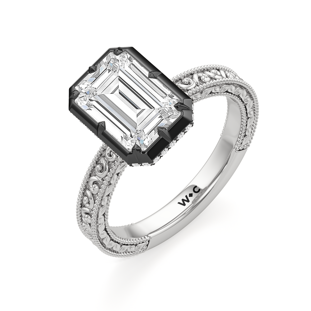 The Aurore Engagement Ring with Emerald Cut Diamond in 14KT White & Black Gold view 3
