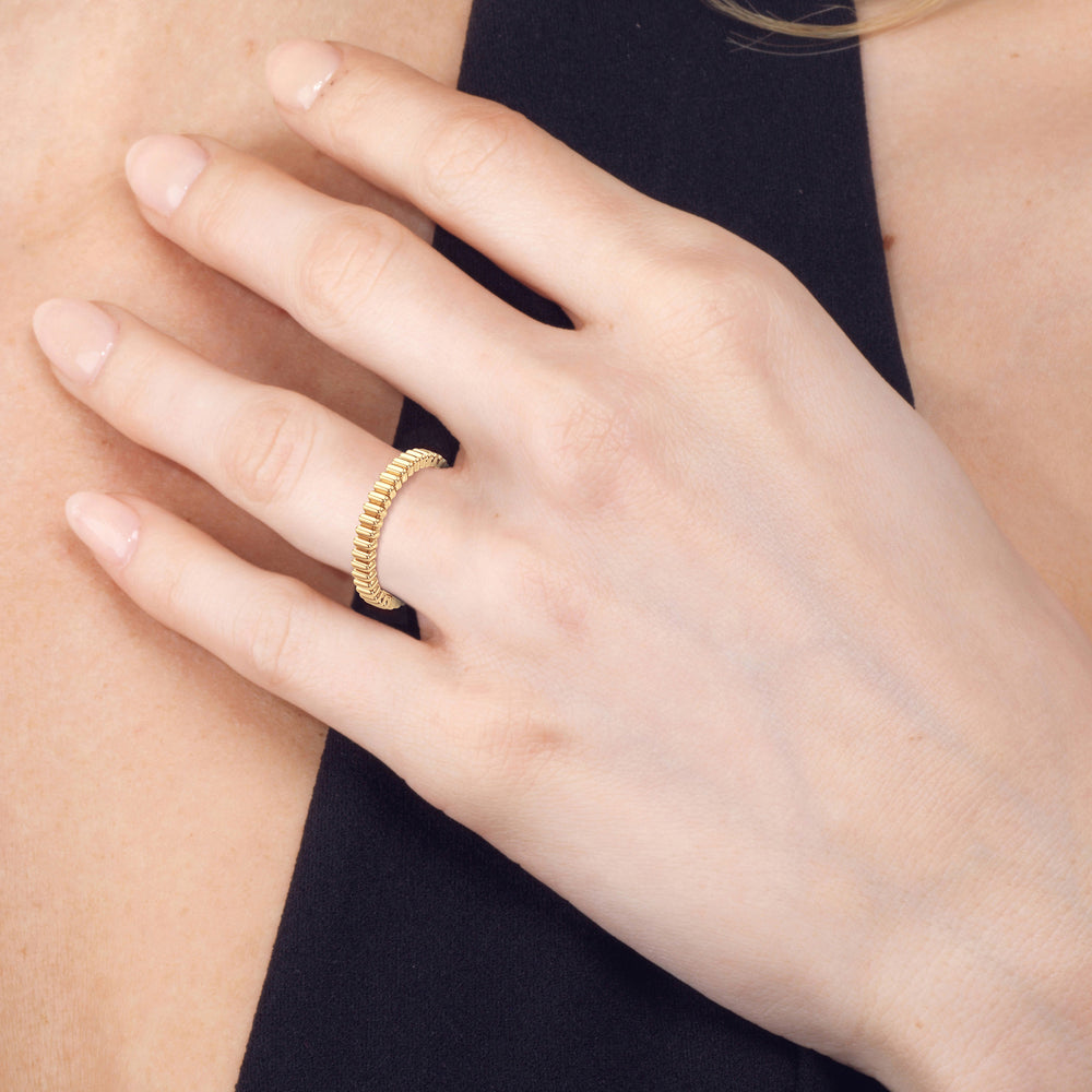 Model Wearing Solrae Textured Solitaire Wedding Band view