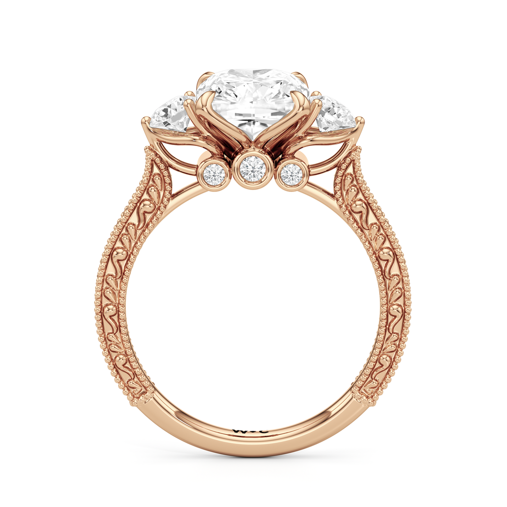 The Seraphine Round Three Stone Ring with Elongated Cushion Cut Diamond in 14KT Rose Gold view 5
