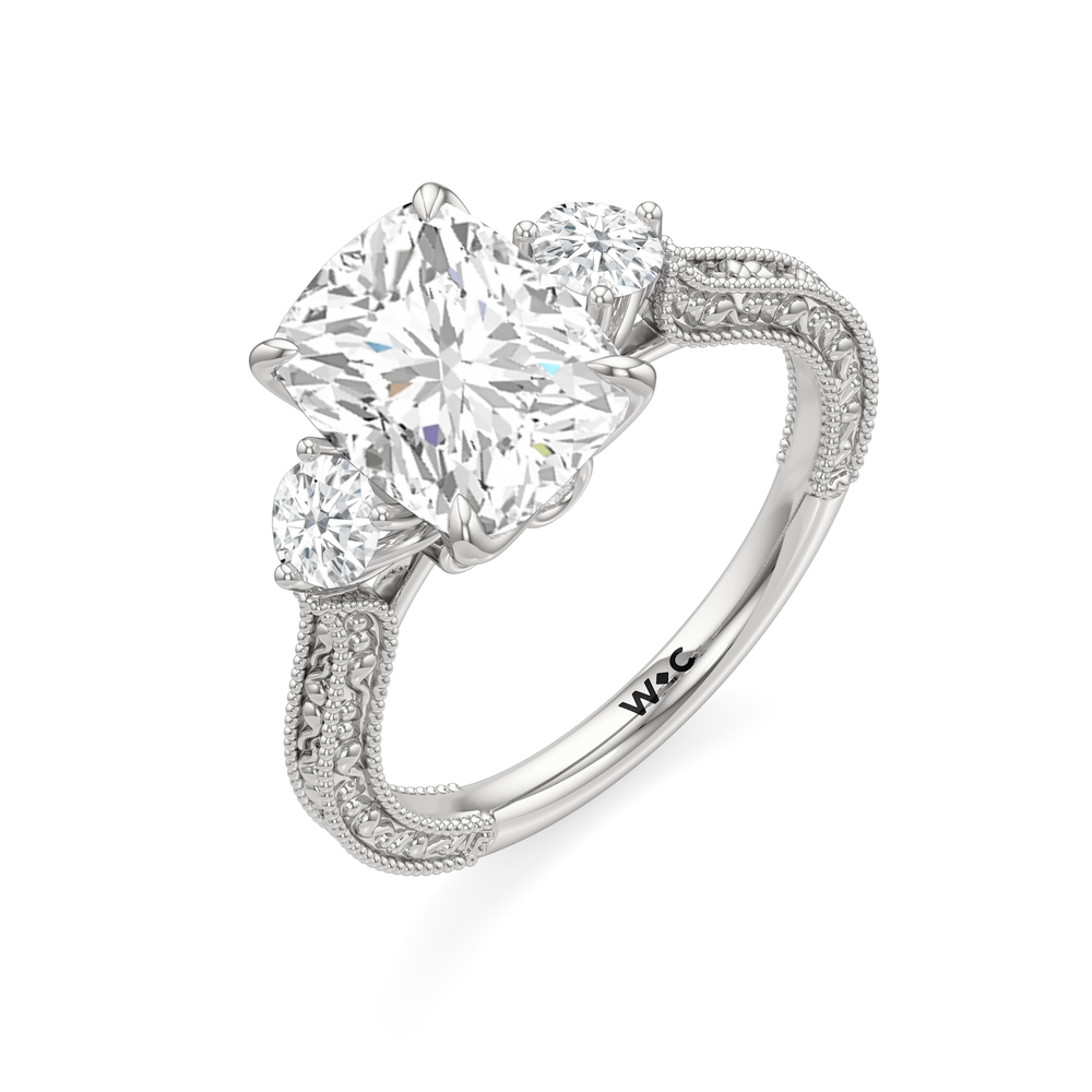 The Seraphine Round Three Stone Ring with Elongated Cushion Cut Diamond in 14KT Platinum view 6
