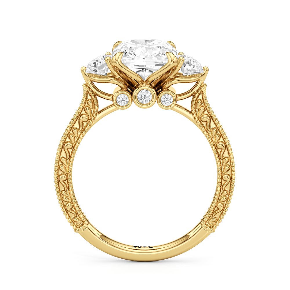 The Seraphine Round Three Stone Ring with Elongated Cushion Cut Diamond in 14KT Yellow Gold view 5
