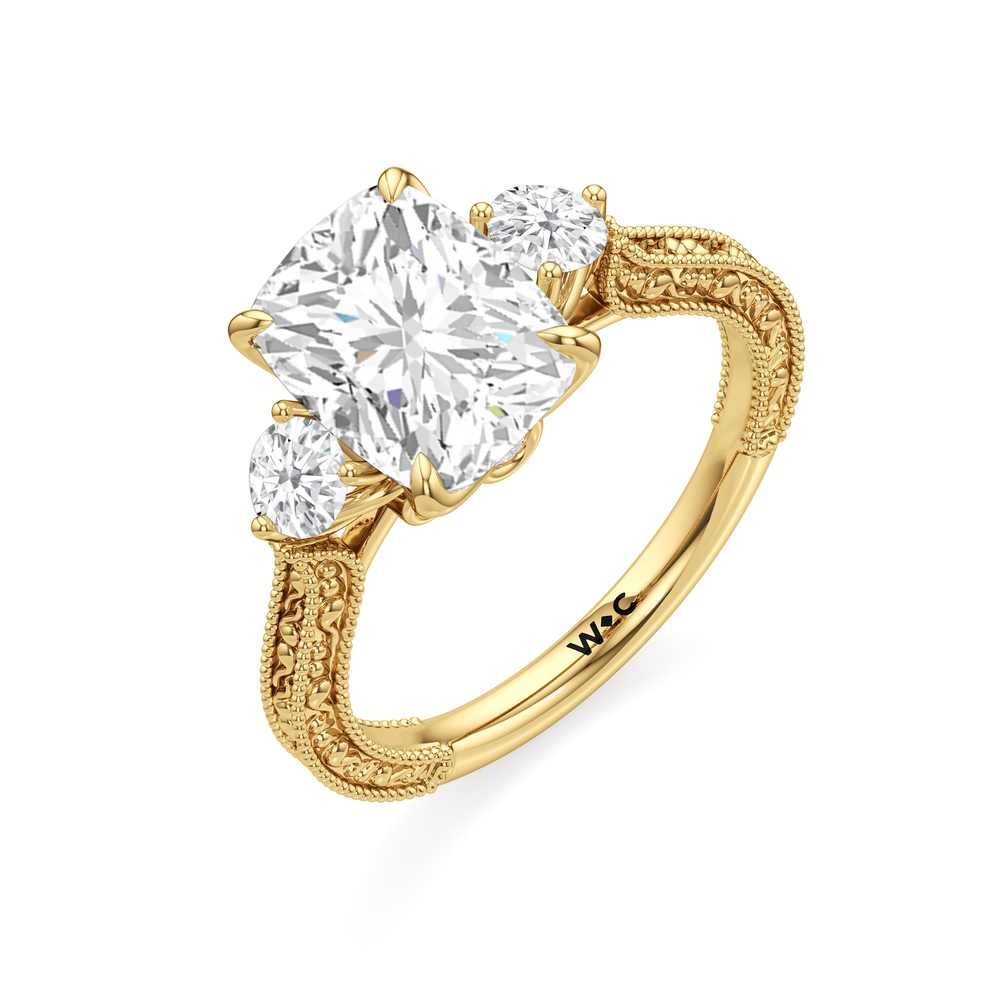The Seraphine Round Three Stone Ring with Elongated Cushion Cut Diamond in 14KT Yellow Gold view 6
