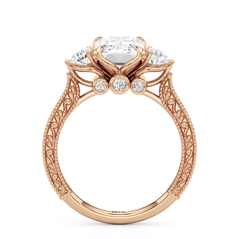 The Seraphine Round Three Stone Ring with Emerald Cut Diamond in 14KT Rose Gold view 5
