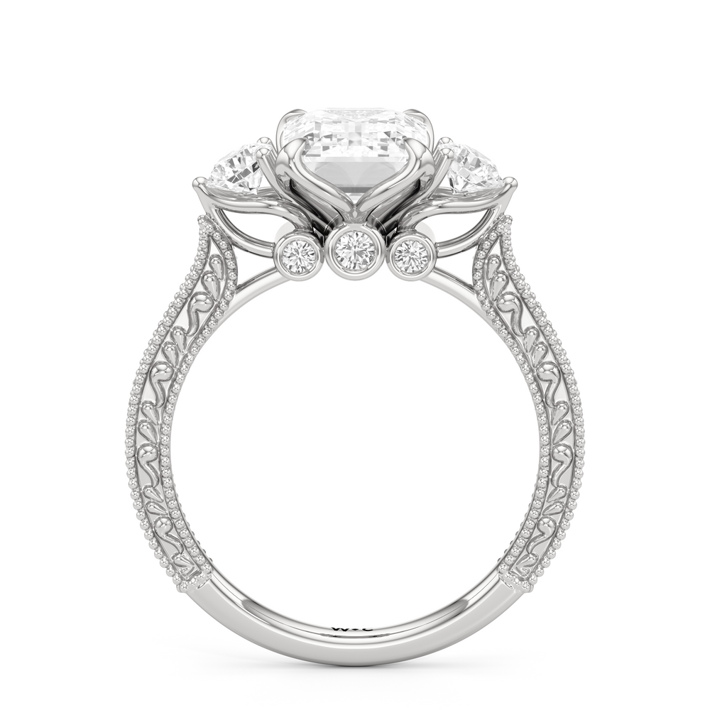 The Seraphine Round Three Stone Ring with Emerald Cut Diamond in 14KT Platinum view 5
