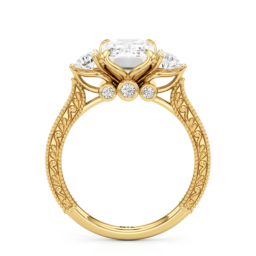 The Seraphine Round Three Stone Ring with Emerald Cut Diamond in 14KT Yellow Gold view 5
