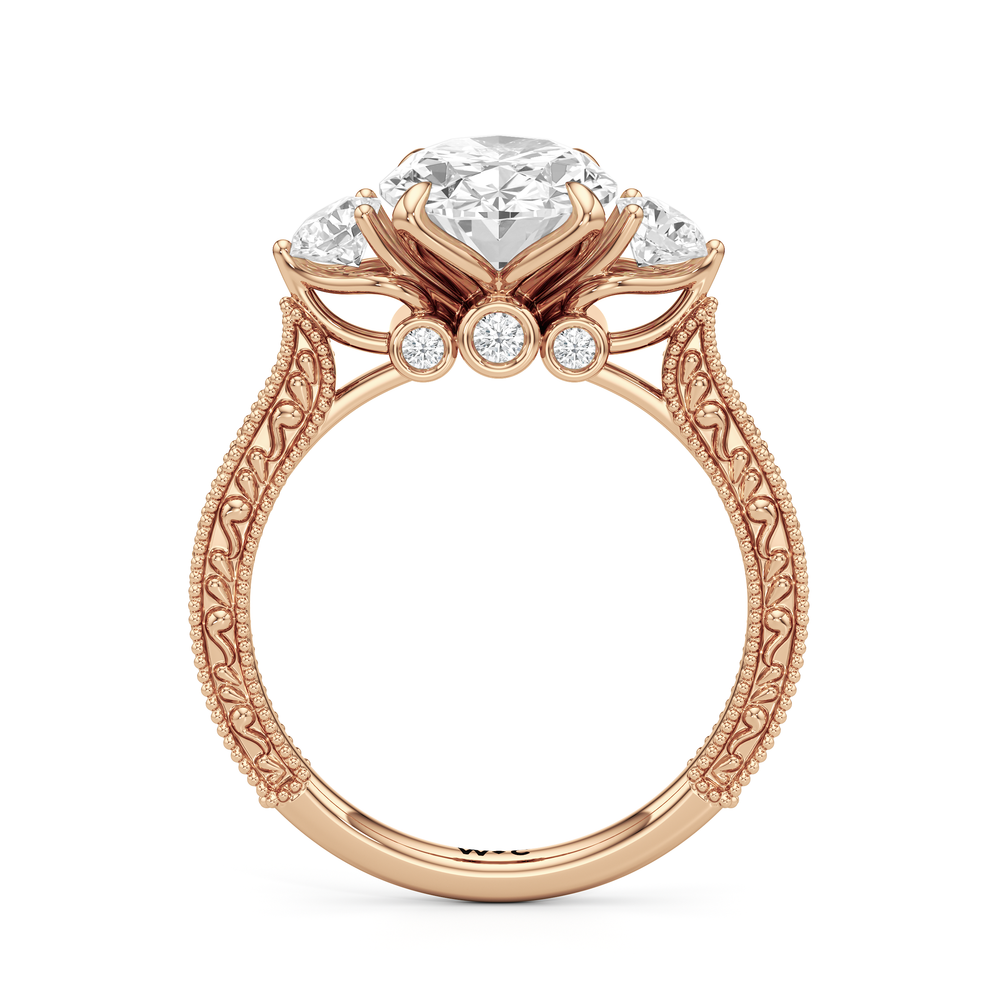 The Seraphine Round Three Stone Ring with Oval Cut Diamond in 14KT Rose Gold view 5
