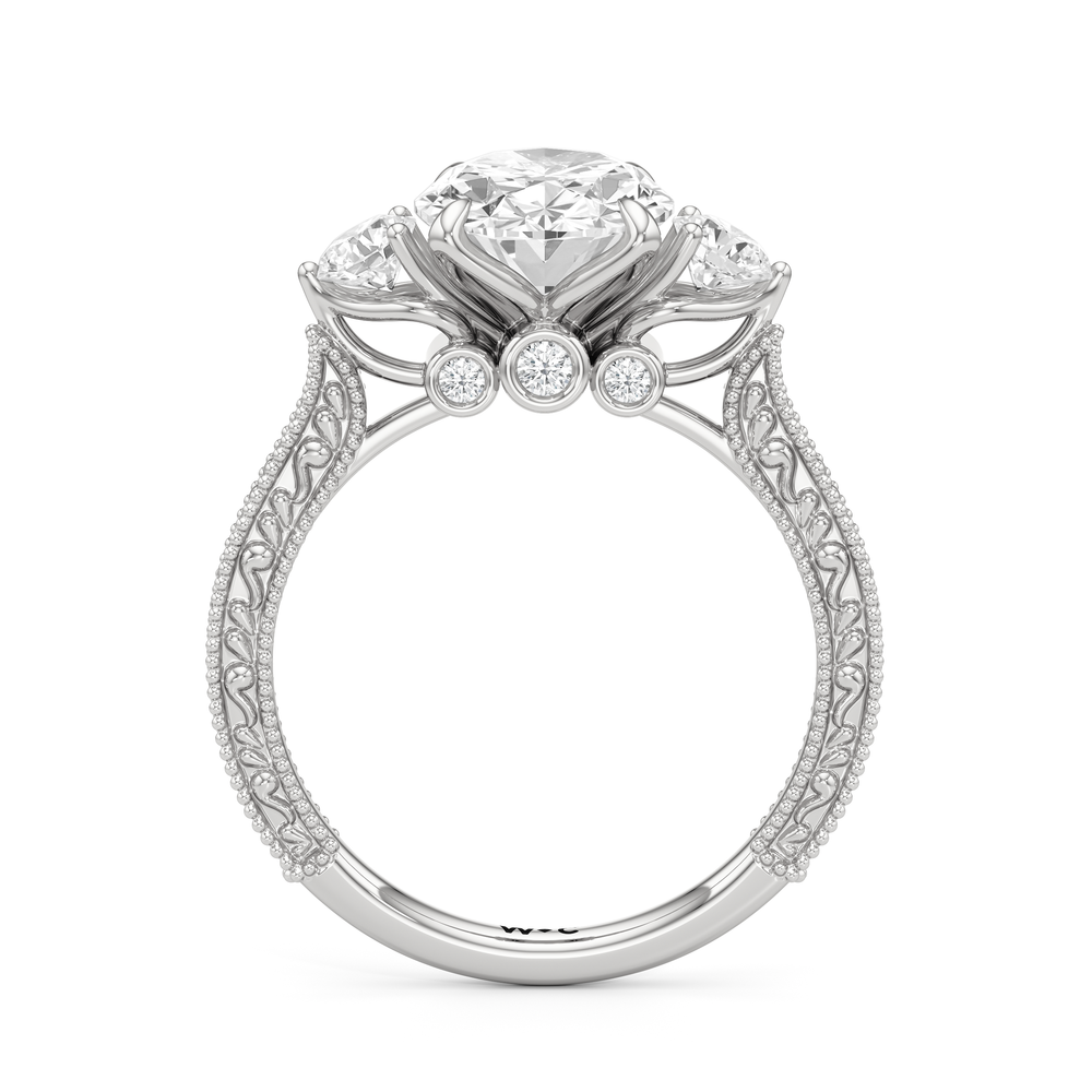 The Seraphine Round Three Stone Ring with Oval Cut Diamond in 14KT Platinum view 5

