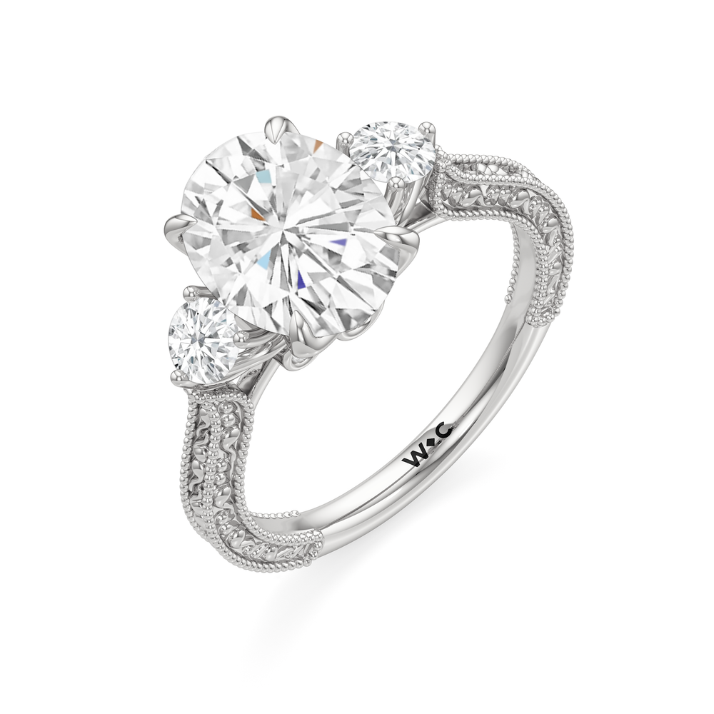 The Seraphine Round Three Stone Ring with Oval Cut Diamond in 14KT Platinum view 6
