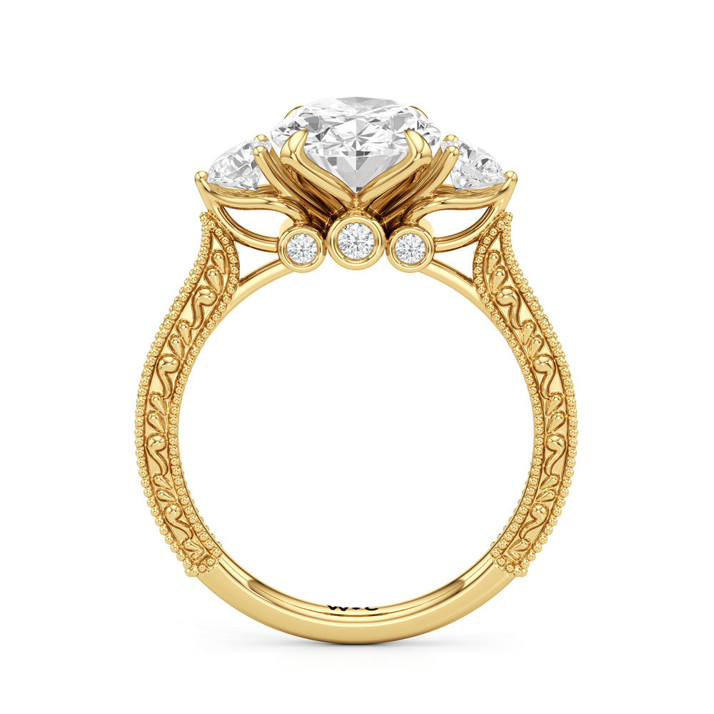 The Seraphine Round Three Stone Ring with Oval Cut Diamond in 14KT Yellow Gold view 5
