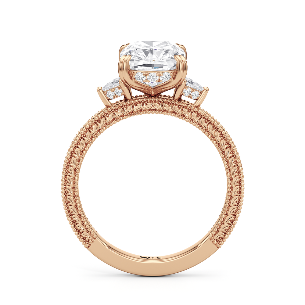 The Seraphine Trillion Three Stone Ring with Elongated Cushion Cut Diamond in 14KT Rose Gold view 6
