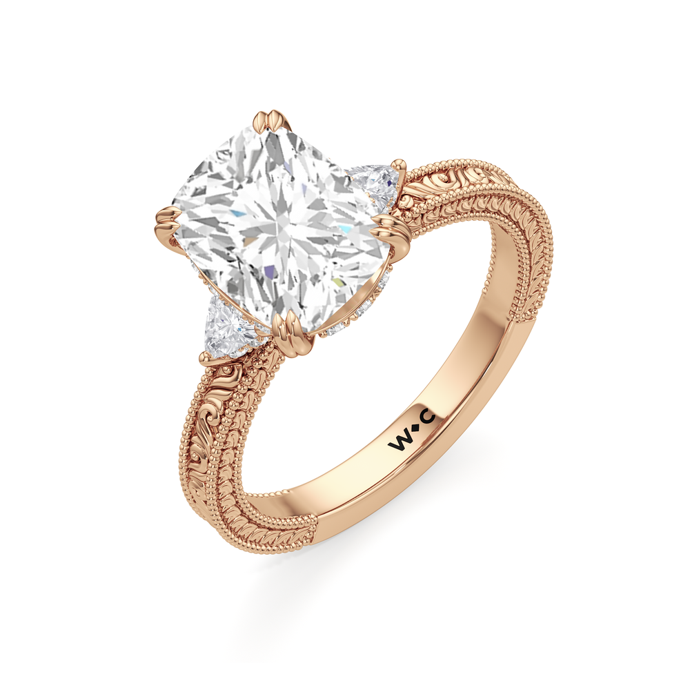 The Seraphine Trillion Three Stone Ring with Elongated Cushion Cut Diamond in 14KT Rose Gold view 7
