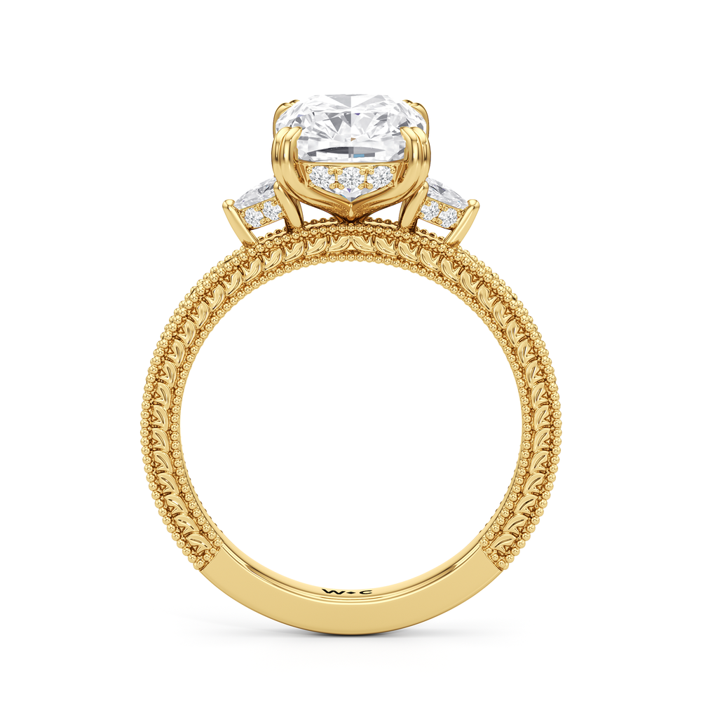 The Seraphine Trillion Three Stone Ring with Elongated Cushion Cut Diamond in 14KT Yellow Gold view 6
