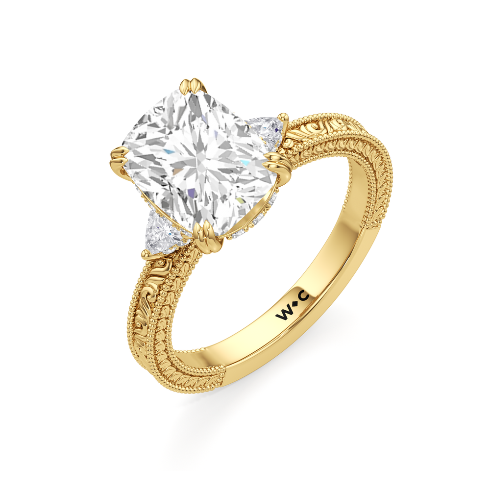 The Seraphine Trillion Three Stone Ring with Elongated Cushion Cut Diamond in 14KT Yellow Gold view 7
