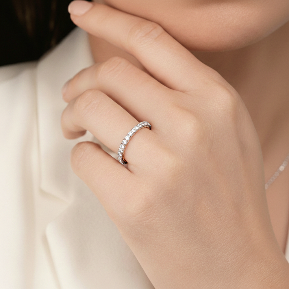Model Wearing The Peony Wedding Band view