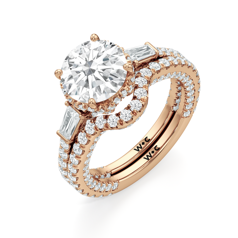 The Chrysler Baguette Three Stone Ring with Oval Cut Diamond in 14KT Rose Gold view 5
