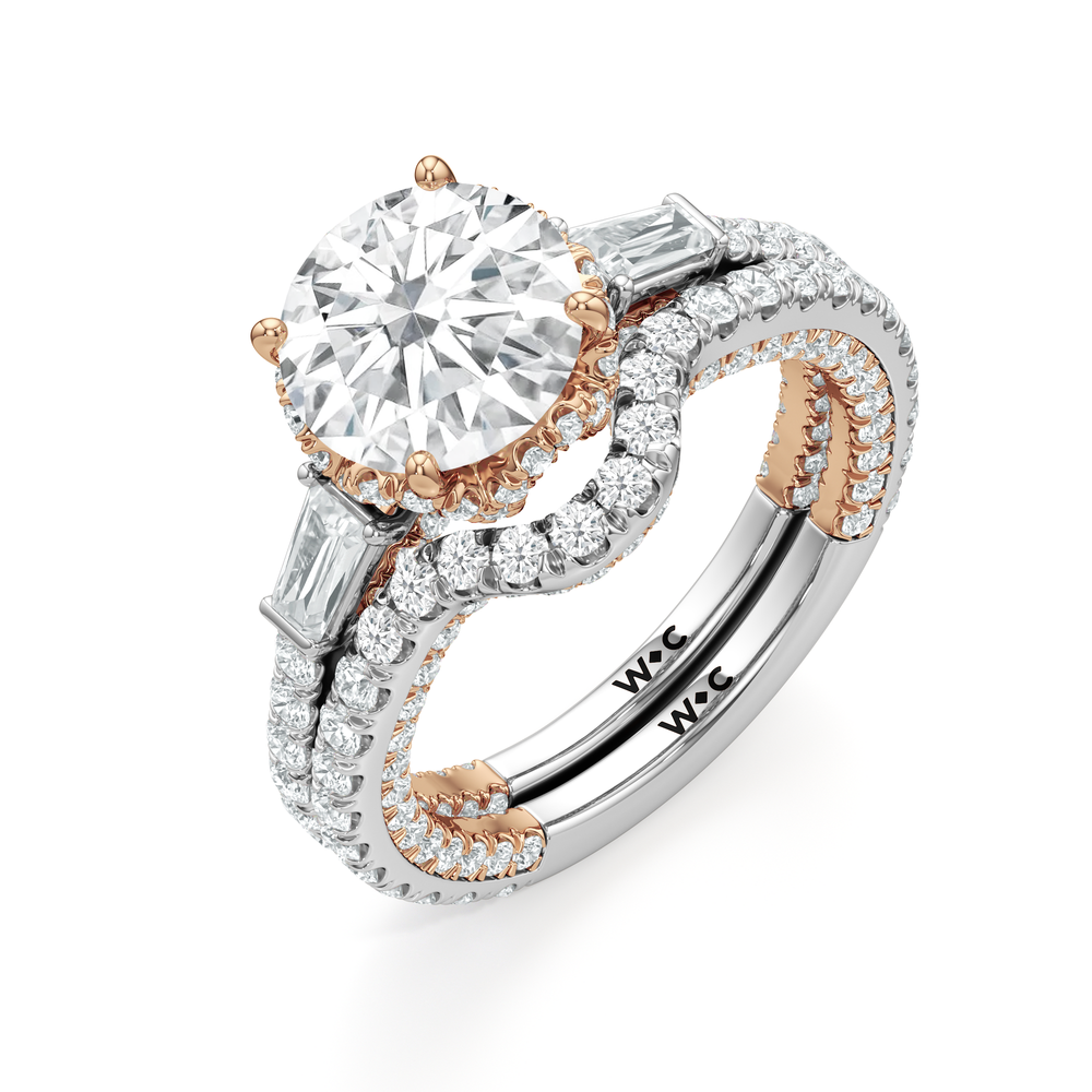 The Chrysler Baguette Three Stone Ring with Round Cut Diamond in 14KT White & Rose Gold view 5
