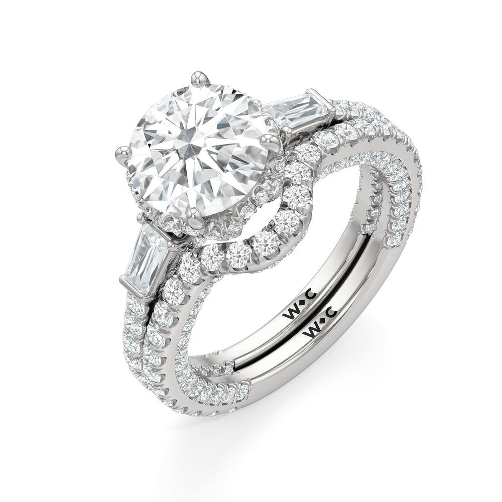 The Chrysler Baguette Three Stone Ring with Oval Cut Diamond in 14KT Platinum view 5
