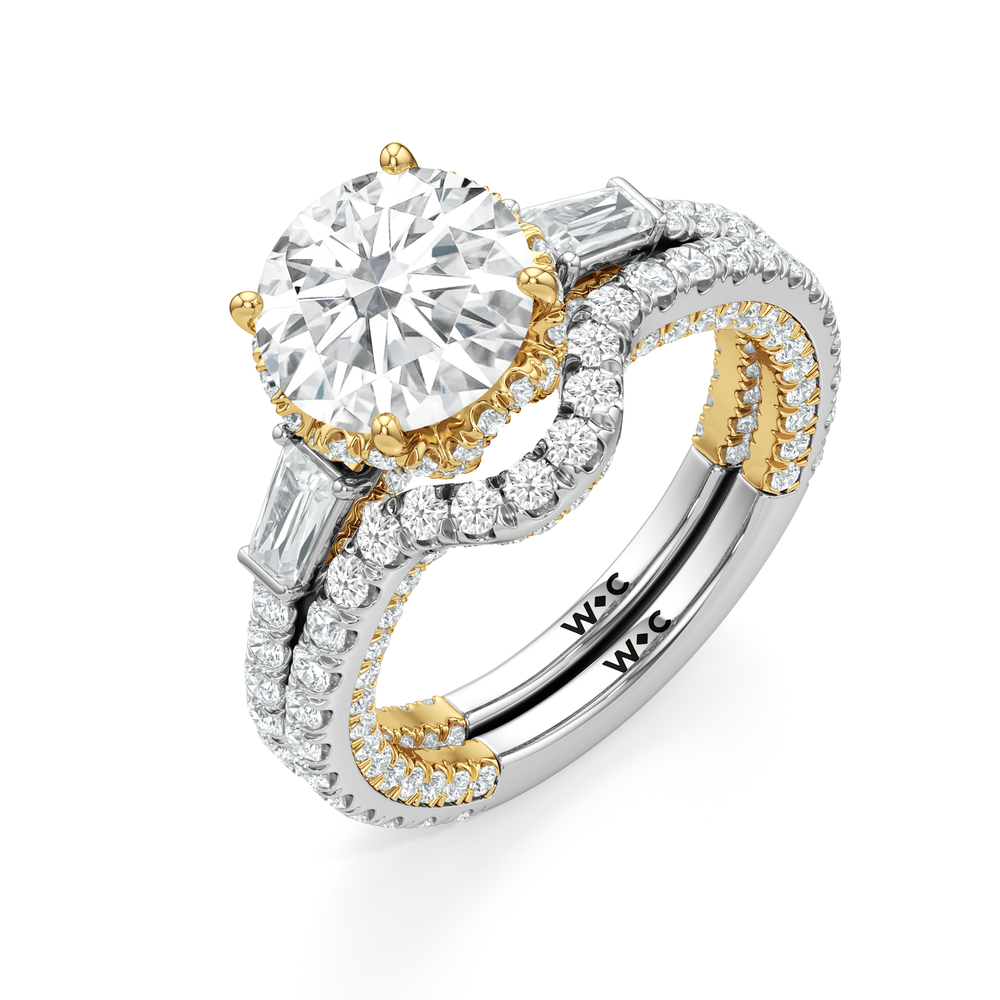The Chrysler Baguette Three Stone Ring with Round Cut Diamond in 14KT White & Yellow Gold view 5
