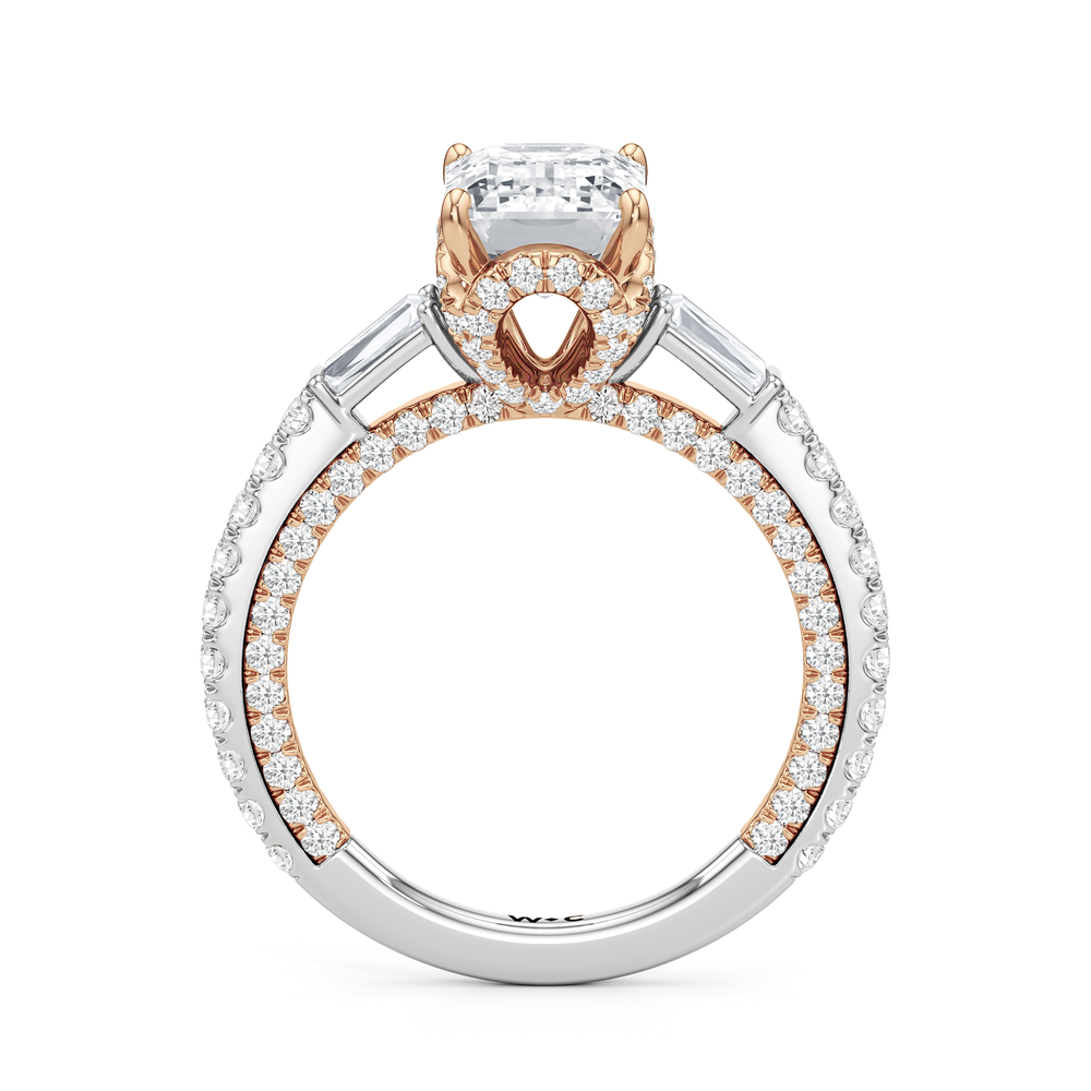 The Chrysler Baguette Three Stone Ring with Emerald Cut Diamond in 14KT White & Rose Gold view 2
