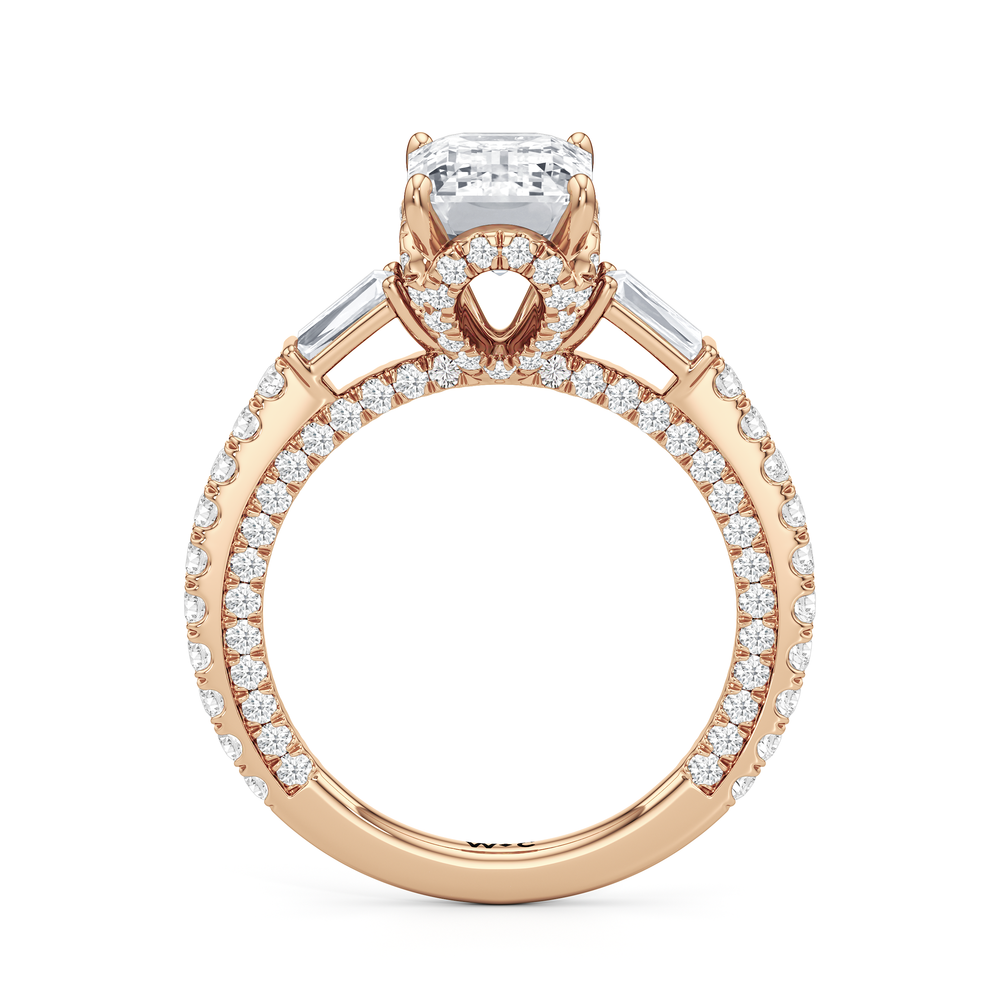 The Chrysler Baguette Three Stone Ring with Emerald Cut Diamond in 14KT Rose Gold view 2
