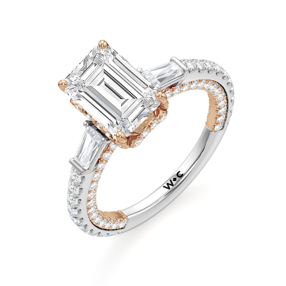 The Chrysler Baguette Three Stone Ring with Emerald Cut Diamond in 14KT White & Rose Gold view 3

