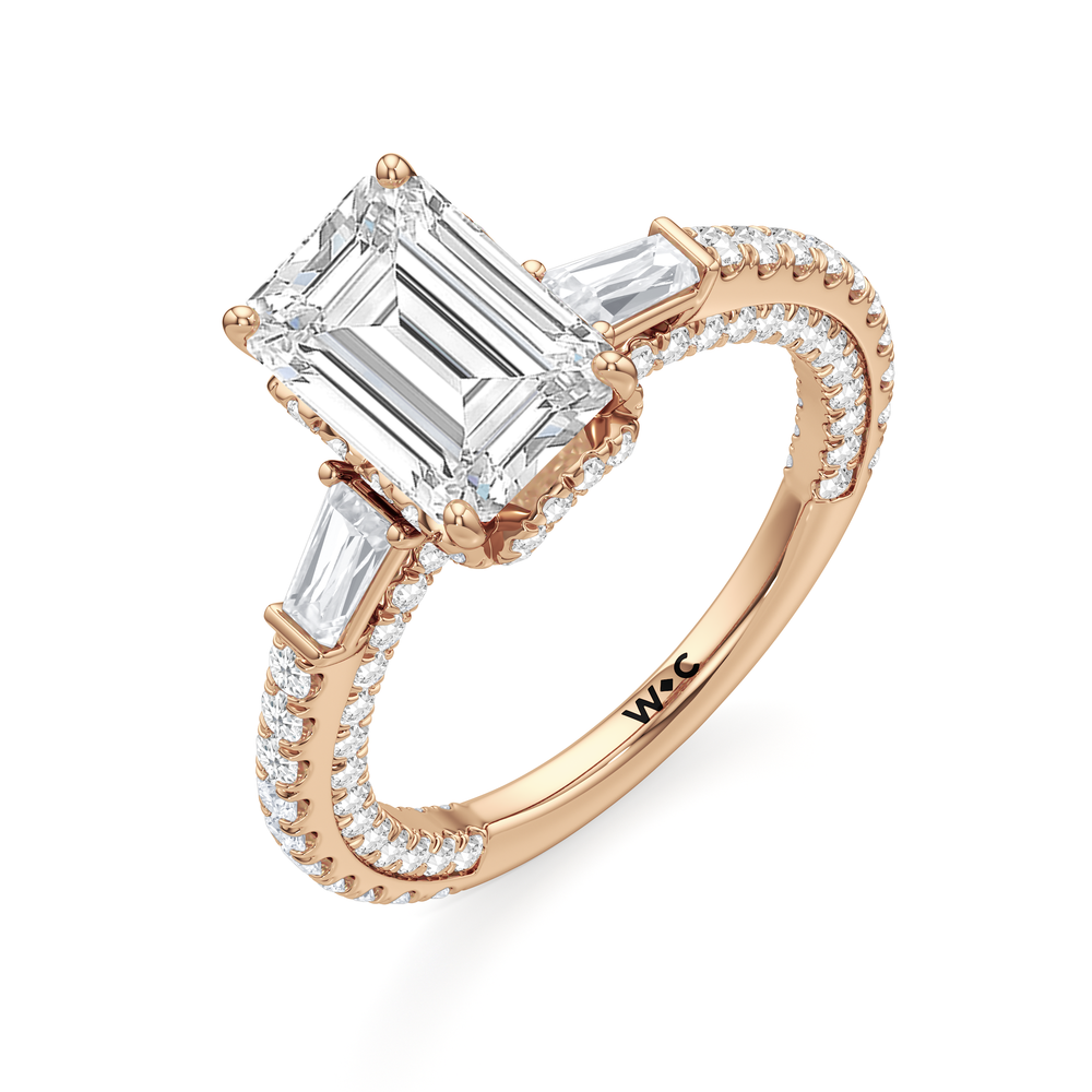 The Chrysler Baguette Three Stone Ring with Emerald Cut Diamond in 14KT Rose Gold view 3
