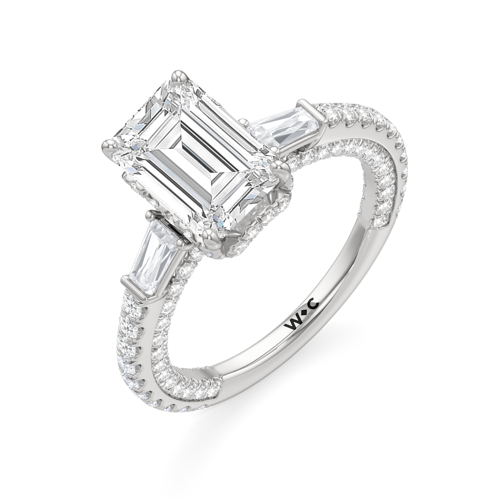 The Chrysler Baguette Three Stone Ring with Emerald Cut Diamond in 14KT Platinum view 3
