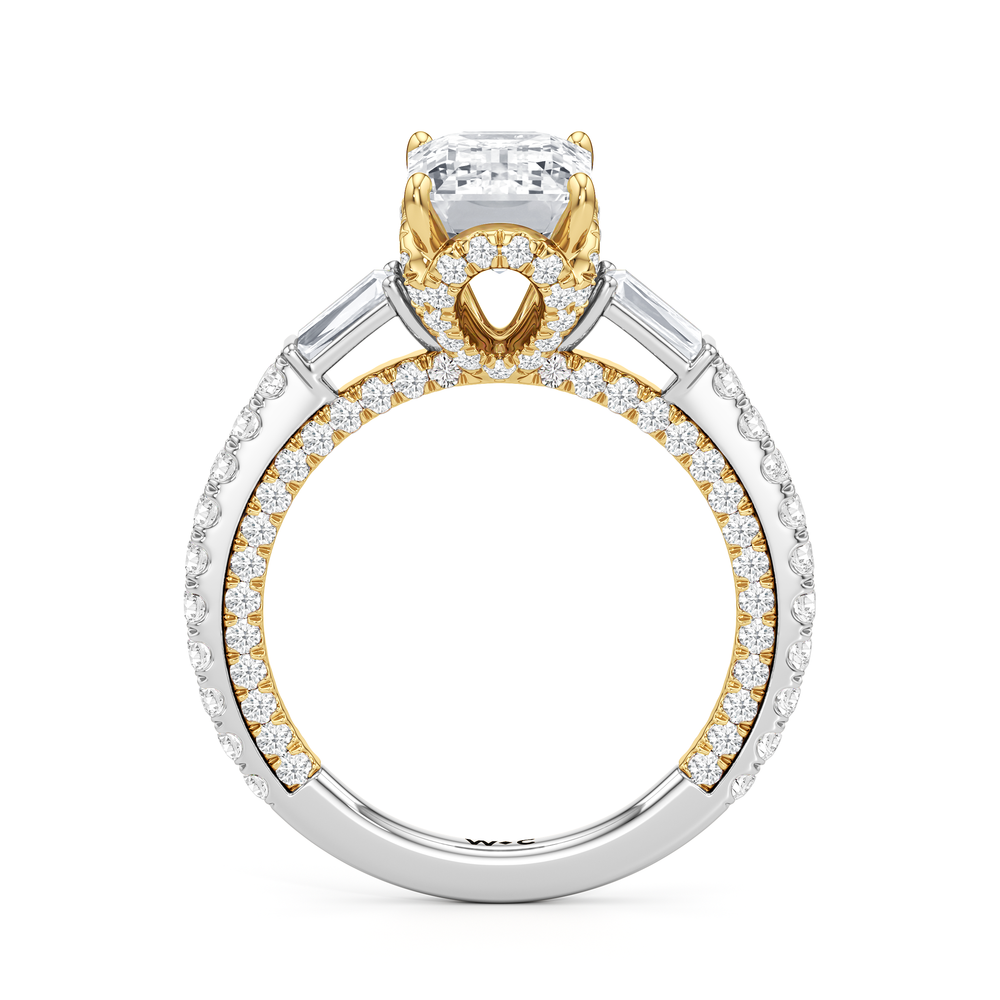 The Chrysler Baguette Three Stone Ring with Emerald Cut Diamond in 14KT White & Yellow Gold view 2
