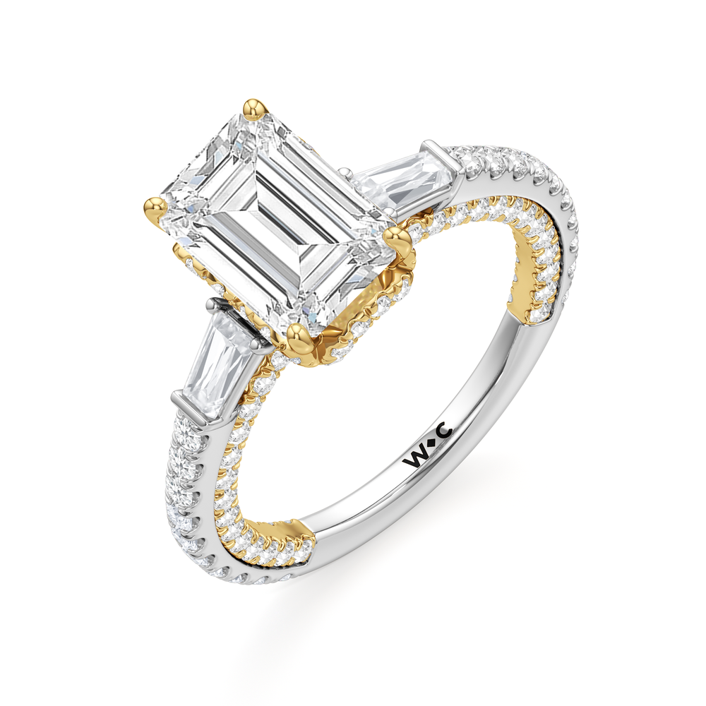 The Chrysler Baguette Three Stone Ring with Emerald Cut Diamond in 14KT White & Yellow Gold view 3
