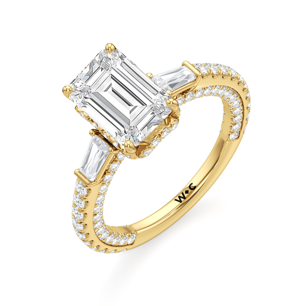 The Chrysler Baguette Three Stone Ring with Emerald Cut Diamond in 14KT Yellow Gold view 3

