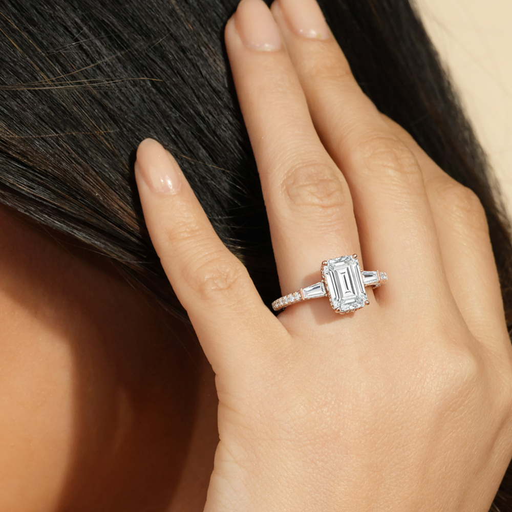 The Chrysler Baguette Three Stone Ring with Emerald Cut Diamond in 14KT Yellow Gold view 4
