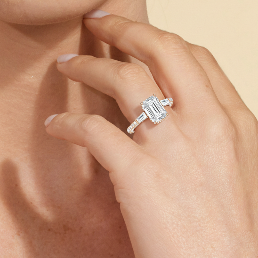 The Chrysler Baguette Three Stone Ring with Emerald Cut Diamond in 14KT Yellow Gold view 5
