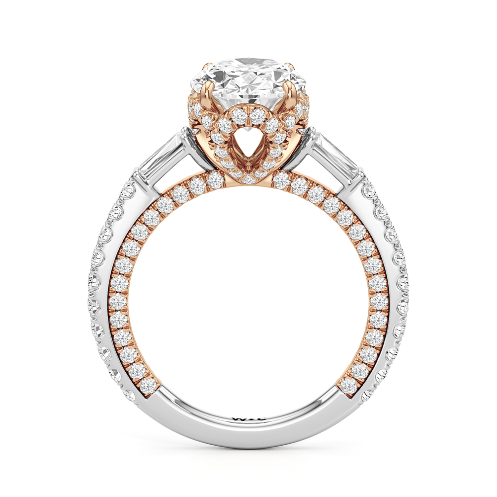 The Chrysler Baguette Three Stone Ring with Oval Cut Diamond in 14KT White & Rose Gold view 2
