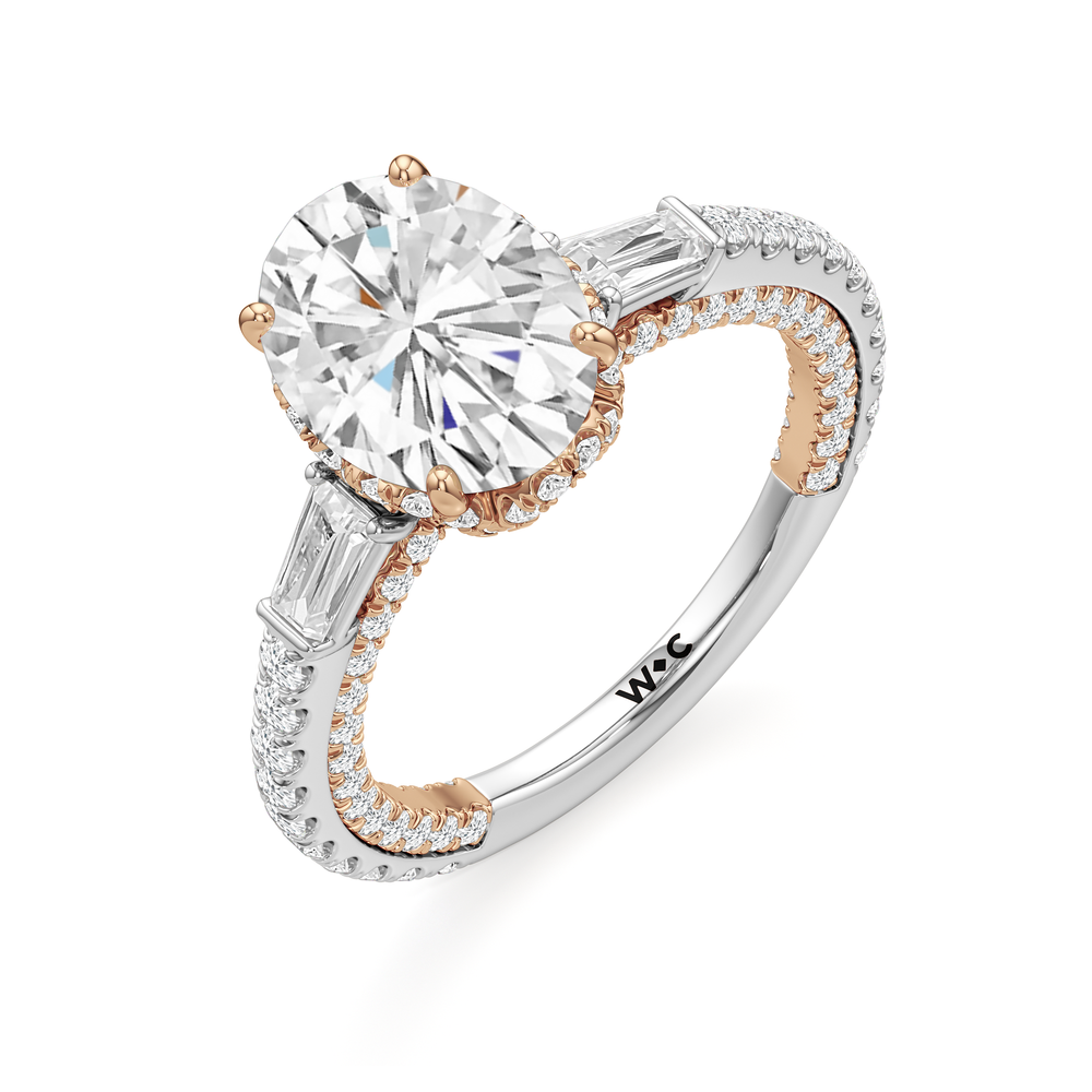 The Chrysler Baguette Three Stone Ring with Oval Cut Diamond in 14KT White & Rose Gold view 3
