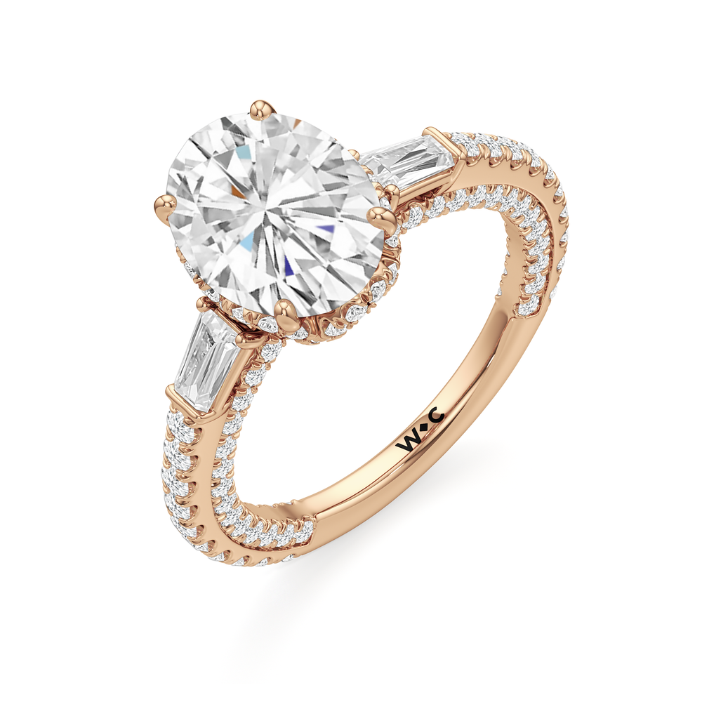 The Chrysler Baguette Three Stone Ring with Oval Cut Diamond in 14KT Rose Gold view 3
