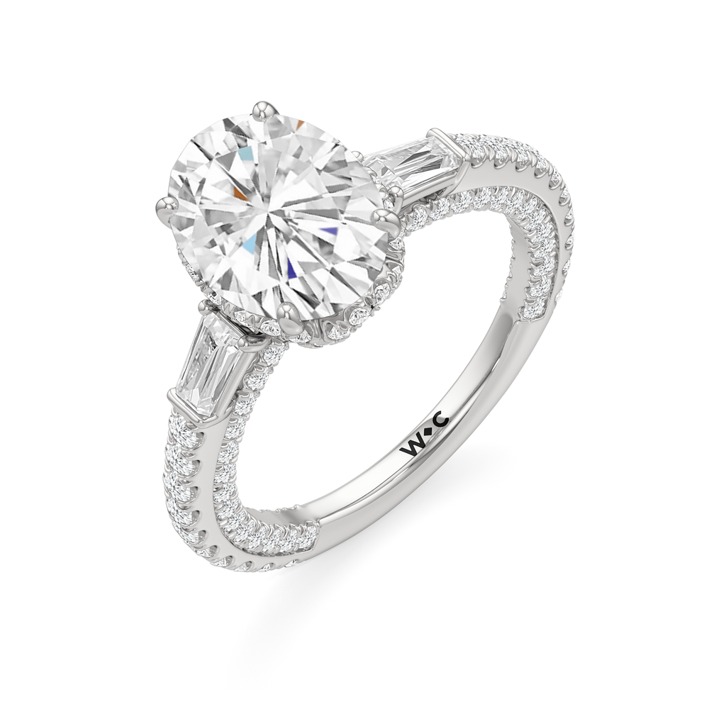 The Chrysler Baguette Three Stone Ring with Oval Cut Diamond in 14KT Platinum view 3
